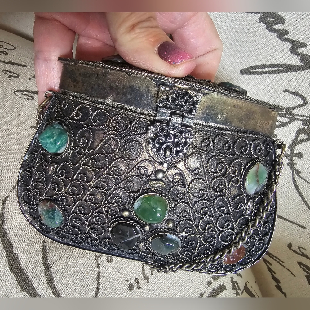 Embellished Filigree Metal Crossbody Bag with Gem Accents - Silver - Picture 4 of 9
